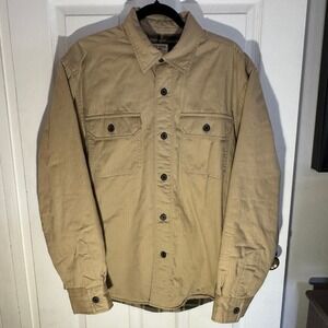 Chaps Denim Shirt Jacket Mens Medium Tan Plaid Fleece Lined Cotton Rugged